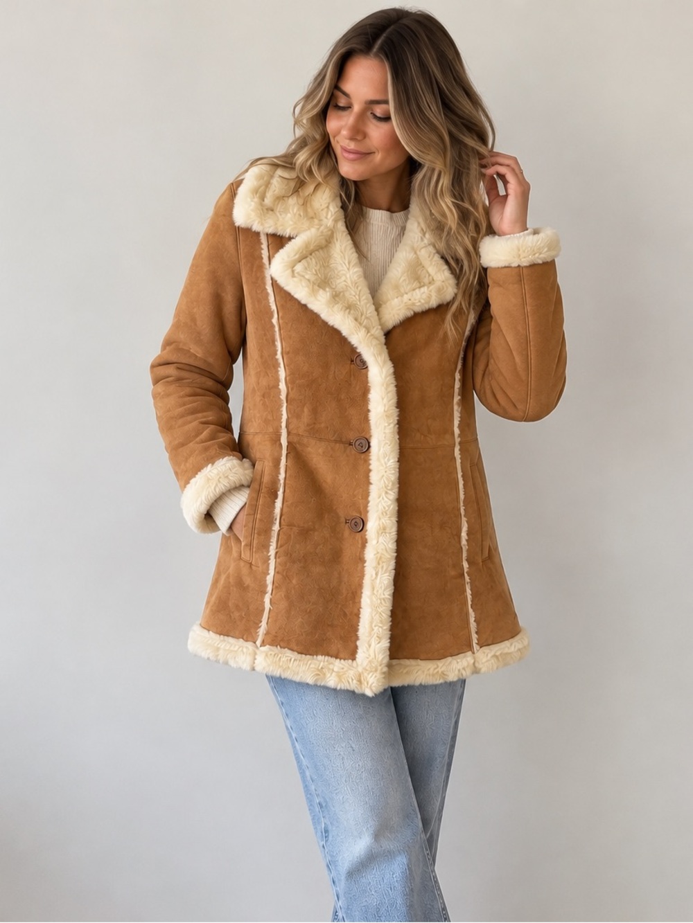 Y2K Penny Lane 70s Inspired Genuine Leather Faux Shearling Tan Brown Coat